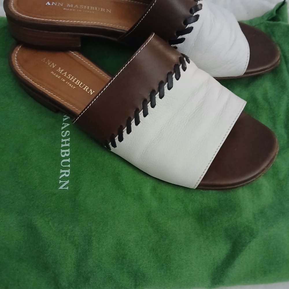 Ann Mashburn White & Brown Spring Italian Lotus Vacation Slides Sandals--37/6.5 - Picture 9 of 12